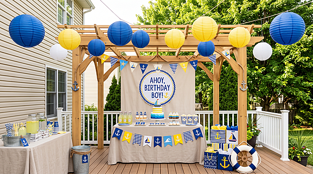 一场布置在真实美国家庭后院露台上的航海主题儿童生日派对（Nautical Kids Birthday Party），晴朗白天，温暖自然光。画面延续参考图的空间结构：背景是一栋浅米白色外墙的美式住宅，中央设有一座自然棕色木质凉亭，周围是白色围栏、绿色树木和整洁的庭院植物。采用宽幅正面视角拍摄，镜头高度与成人视线基本平齐，能够完整展示顶部悬挂装饰、中央甜品桌和地面两侧的派对布置，空间层次丰富、真实自然。

木质凉亭上方及左右两侧，用细而自然的透明悬挂线错落悬挂一整套蓝、黄、白纸灯笼，共12个。纸灯笼保持真实圆形纸质结构、清晰的横向纸纹和内部金属支架，不发光。包括4个10英寸纸灯笼——2个宝蓝色、2个黄色；6个8英寸纸灯笼——3个宝蓝色、3个黄色；2个6英寸白色纸灯笼。较大的10英寸灯笼悬挂在凉亭上方和画面两侧作为视觉重点，8英寸灯笼分布在中间及背景位置，两个较小的白色灯笼用于点亮和协调色彩。所有灯笼高低错落、前后分层，保持近大远小的透视关系，悬挂角度符合重力，不排列成完全笔直的一排，不裁切顶部产品，也不悬挂得过低。

凉亭中央布置一张铺有米白色亚麻桌布的长方形甜品桌。桌布正面装饰一条由宝蓝色、黄色、白色三角旗组成的航海风生日拉旗，图案包括简洁的船锚、帆船、波浪和条纹，不出现红色。甜品桌后方悬挂一个圆形白色背景牌，边缘装饰蓝白绳结，中央写简洁清晰的英文"AHOY, BIRTHDAY BOY!"，字体为童趣但不夸张的宝蓝色航海字体，搭配一个小型黄色船锚图案。

桌面中央放置一只白色双层儿童生日蛋糕，蛋糕以宝蓝色波浪纹、黄色细条纹和小型帆船装饰，顶部插有一艘蓝黄白配色的小帆船蛋糕插牌。蛋糕周围整齐摆放船锚造型饼干、帆船纸杯蛋糕、蓝白条纹爆米花盒、黄色柠檬饮品、透明玻璃饮料瓶、白色餐盘和蓝黄相间的纸杯。食物数量适中、摆放精致，不遮挡纸灯笼产品。

甜品桌左侧设置一个小型饮品台，桌上摆放透明玻璃饮料罐、黄色柠檬水、蓝白条纹吸管和印有小船锚图案的纸杯。饮品台旁边放置一个装满冰镇饮料的镀锌金属桶，桶外缠绕一段自然的白色航海绳，并装饰一个小型蓝色船锚挂牌。

甜品桌右侧设置礼物区，摆放数个蓝、黄、白配色的礼物盒，包装图案采用细条纹、波浪、帆船和船锚元素。旁边立着一个儿童尺寸的木质船舵装饰，以及一只蓝白相间的小型救生圈，救生圈只作为地面装饰，不悬浮。地面可放一只浅色木箱，箱内装有儿童派对礼物袋、小望远镜玩具和折叠的蓝白航海旗。

凉亭两根木柱之间悬挂蓝、黄、白三色三角旗，间隔加入少量国际航海信号旗造型，但保持整体配色统一，不使用大量杂乱的彩色图案。木柱局部缠绕自然的粗麻绳，并分别点缀小型白色船锚和黄色星星装饰。背景植物间可以放置一座小型白蓝灯塔摆件，但尺寸不能过大，避免抢走纸灯笼的视觉重点。

画面中不安排人物，呈现"宾客到来前刚刚布置完成"的整洁状态，使所有纸灯笼和派对元素都能完整清晰地展示，同时减少人物遮挡和肢体畸形。通过生日蛋糕、礼物盒、儿童餐具和童趣航海装饰明确表达儿童生日主题。

整体色彩以米白色、自然木色和庭院绿色作为环境基底，宝蓝色为主要航海主题色，黄色作为阳光感点缀，白色用于平衡画面。避免大面积深蓝背景，避免整个场景过蓝或过黄。画面明亮、清新、充满夏日海岸感和儿童生日的欢乐气氛，真实美国家庭派对摄影风格，商业级亚马逊场景图，光影自然，材质清晰，细节丰富但不杂乱，高分辨率。