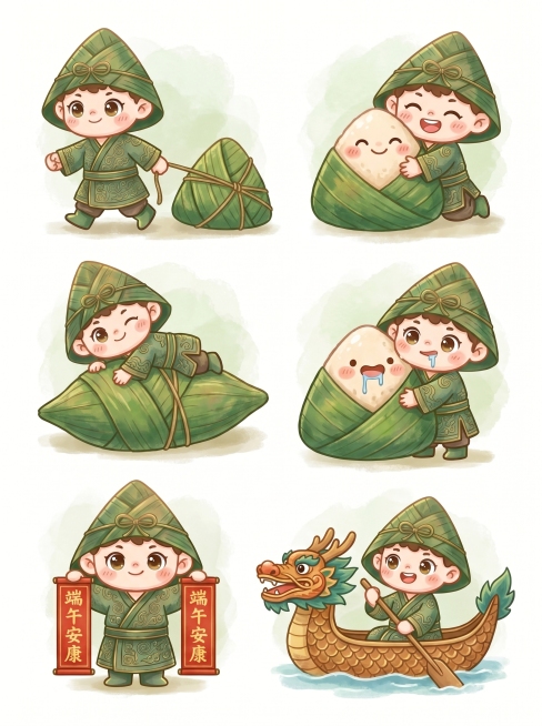 基于图一的粽子IP形象，参考图二的动作生成6张端午节主题动作延展图，保持图一IP形象的水彩风格、绿色服饰和粽子斗笠造型不变，依次生成以下六个动作：1.拉着一个大粽子 2.抱着一个大粽子 3.趴在大粽子预览效果