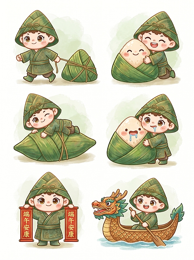 基于图一的粽子IP形象，参考图二的动作生成6张端午节主题动作延展图，保持图一IP形象的水彩风格、绿色服饰和粽子斗笠造型不变，依次生成以下六个动作：1.拉着一个大粽子 2.抱着一个大粽子 3.趴在大粽子上眨眼 4.抱着大粽子流口水 5.双手拿着写有端午安康的对联 6.坐在龙舟上划桨，端午节主题，整体风格与原图一保持一致