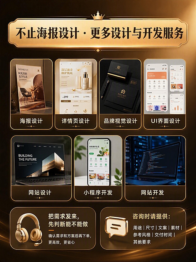 [第5张] 海报设计服务详情页——多元服务总览与行动号召。
[氛围/风格] 金棕渐变品质风，高端收尾感，原创版式与前四张完全不同。
[元素布局] 顶部为标题横幅，金色渐变底；中部是7个服务项目卡片横向排列成两行（上4下3），分别为海报设计、详情页设计、品牌视觉设计、UI界面设计、网站设计、小程序开发、网站开发，每个卡片内有对应场景缩略图和服务名称；底部为左右两个行动号召区，左侧是耳机图标+咨询引导，右侧是对话框图标+信息清单提示；背景为深棕到金棕的渐变。
[光影质感] 服务卡片有轻微悬浮感和金色边框光效，底部行动区有柔光底衬，整体温暖有品质。
[配色色系] 全局底色 #2C2418（深棕），主色金棕 #C89B5C，辅助色米白 #F3EBD9，点缀色暖橙。
[视角构图] 竖版构图，上标题 + 中服务矩阵 + 底部双栏行动号召，阅读动线从上至下。
[文字版式] 顶部主标题「不止海报设计 · 更多设计与开发服务」；7个服务卡片分别标注：「海报设计」「详情页设计」「品牌视觉设计」「UI界面设计」「网站设计」「小程序开发」「网站开发」；底部左侧行动语「把需求发来，先判断能不能做」，副文「确认需求和方案后再下单，更高效，更省心」；右侧「咨询时请提供：用途 | 尺寸 | 文案 | 素材 | 参考风格 | 交付时间 | 其他要求」。所有文字清晰可读，移动端友好。
[比例分辨率] 3:4 竖版比例，4K 分辨率，文字清晰可辨，高清画质。
[负向提示词] 变形，水印，文字错乱，文字过小，与参考图过于相似，颜色偏差，二维码，第三方联系方式。
