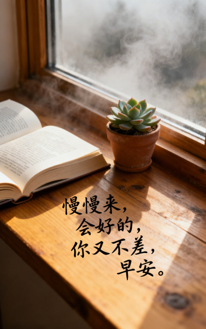 早安海报，温馨氛围感，窗边木质窗台放着一本打开的书和一小盆多肉，窗外晨雾弥漫，添加文字"慢慢来，会好的，你又不差，早安。"，整体氛围安静治愈，暖调预览效果