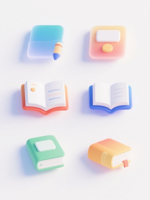 平面插画风格，白色背景，六个不同配色、不同样式、不同材质的教育元素整齐排列，每个元素都具有平滑渐变的色彩过渡和圆润的边缘处理，采用简洁的卡通化造型，柔和的光影效果，高光部分呈现出微妙的光泽感，整体风格统一且富有现代设计感，元素之间保持均匀的间距，形成有序的视觉布局，传达出清晰、明快、专业的教育氛围。预览效果