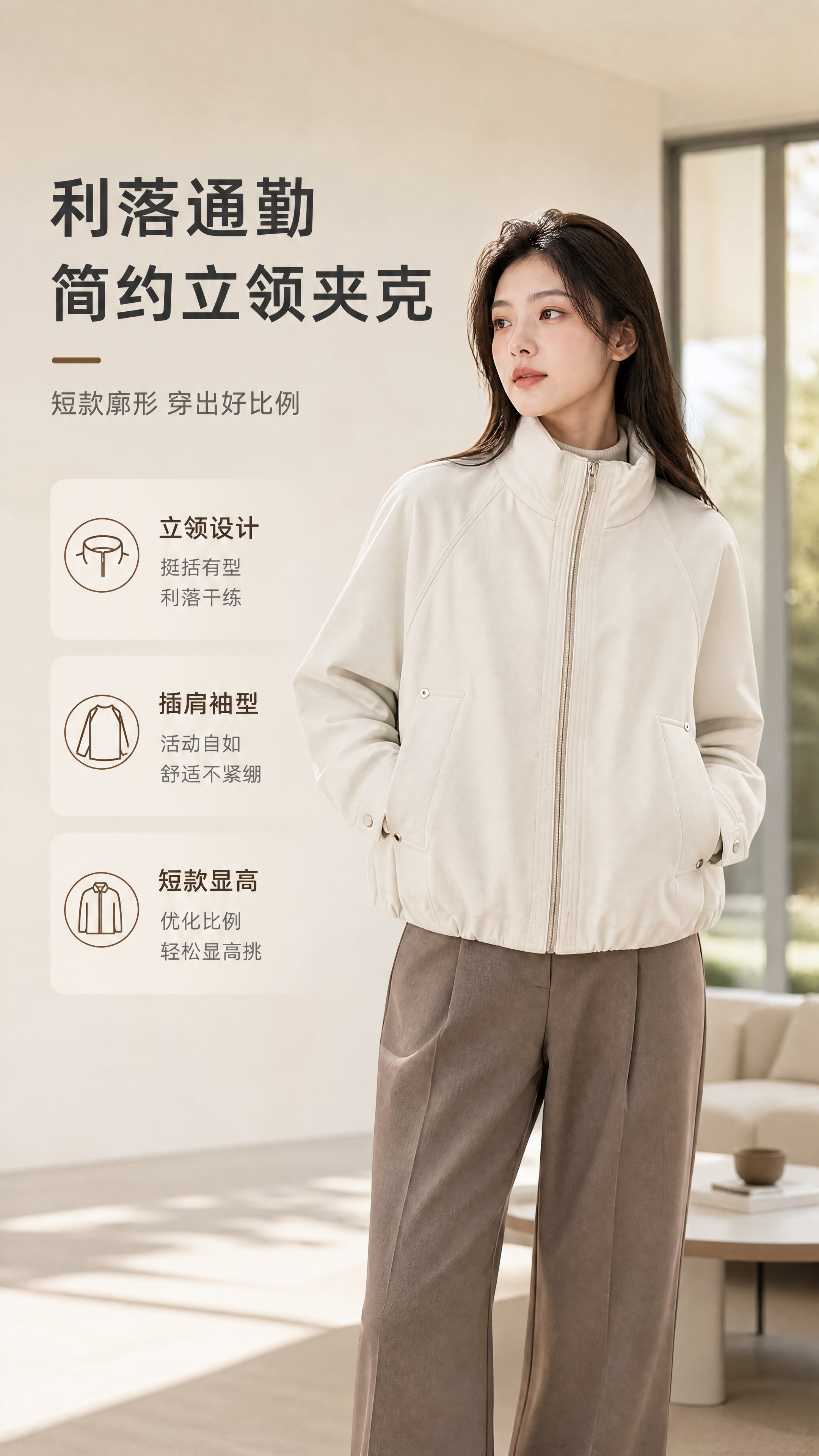 [商品] 使用【图1】米白色立领短款夹克；商品处理：保留立领、… - 图片创意预览