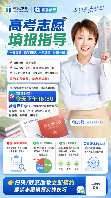 高考志愿填报直播海报，比例9:16，校园化风格，符合高考调性，包含主讲老师（图片中人物），老师简介：徐老师 有见求职规划总监。完整文案：主标题“高考志愿填报指导”，副标题“一分浪费，四年白费，一步选错预览效果