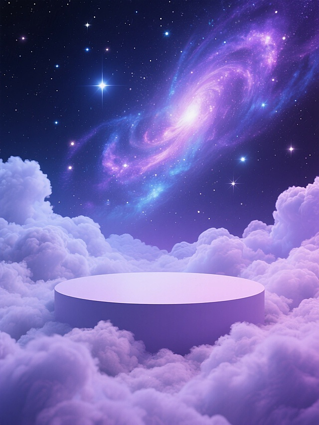 画面中央有一个圆形展台，展台周围环绕着大量蓬松的云彩，背景是深邃迷人的星空，星空中点缀着无数闪烁的星星和绚烂的星云，整体呈现出唯美梦幻的氛围，色彩以紫色和蓝色为主，光影柔和，营造出宁静而神秘的感觉。