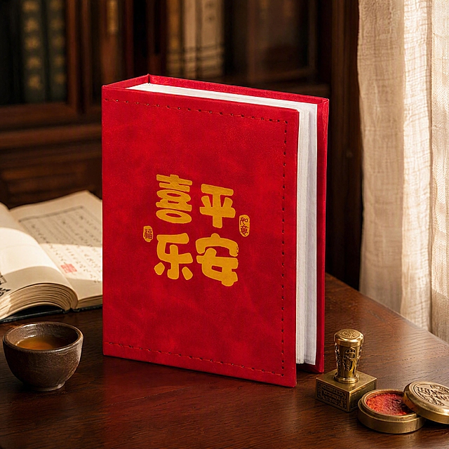超写实室内场景摄影。
主体：相册严格参照上传产品图，完整保留所有可见组件、部件、轮廓、结构、比例、材质、颜色与产品本体上的文字信息（平安喜乐金色字体与福、如意印章），与上传图完全一致；自然融入场景光影，与场景共处同一物理空间。皮革缝线手作痕迹清晰可见，占画面≥15%，产品占画面70%，近景构图，完整不裁切，背景无其他同类产品。
构图：微俯15°平视，相册立放于桌面，中心偏左构图，右侧留白。
风格：新中式复古温馨。
场景：中式书房桌面一角，暖黄午后氛围。
空间：①背景，深胡桃木色书柜虚化；②承载面，深胡桃木实木桌面；③右侧，半透明米白棉麻窗帘柔化光线。
桌面陈列：①相册左侧，一只深棕色粗陶小茶杯，盛半杯琥珀色茶汤；②相册右前方，一枚黄铜色复古印章与朱红印泥盒；③相册后方，一本摊开的米白色宣纸线装书。
配色/材质：胡桃棕/朱砂红/鎏金/米白/墨黑；皮革/实木/粗陶/黄铜/宣纸/棉麻。
光影：主光从右侧窗帘斜入45°暖光，照亮相册封面皮革纹理与金色字体；辅光为左侧桌面暖色反射，皮革表面呈现细腻哑光质感，缝线处有自然阴影层次。
参数：4K写实光追。严格锁定宽高比为1:1。