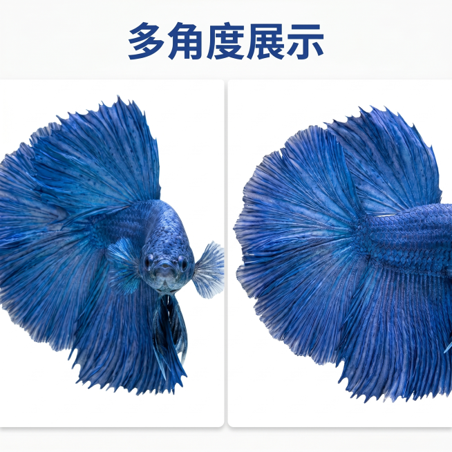 [主图 4] 泰国半月斗鱼全景展示拼图。
[氛围风格] 多维度展示，商业真实水族摄影风格；
[画质] 商业摄影质感、光线通透柔和、产品清晰真实、画面干净高级。
[元素] 左右分屏拼图展示，左侧展示斗鱼预览效果