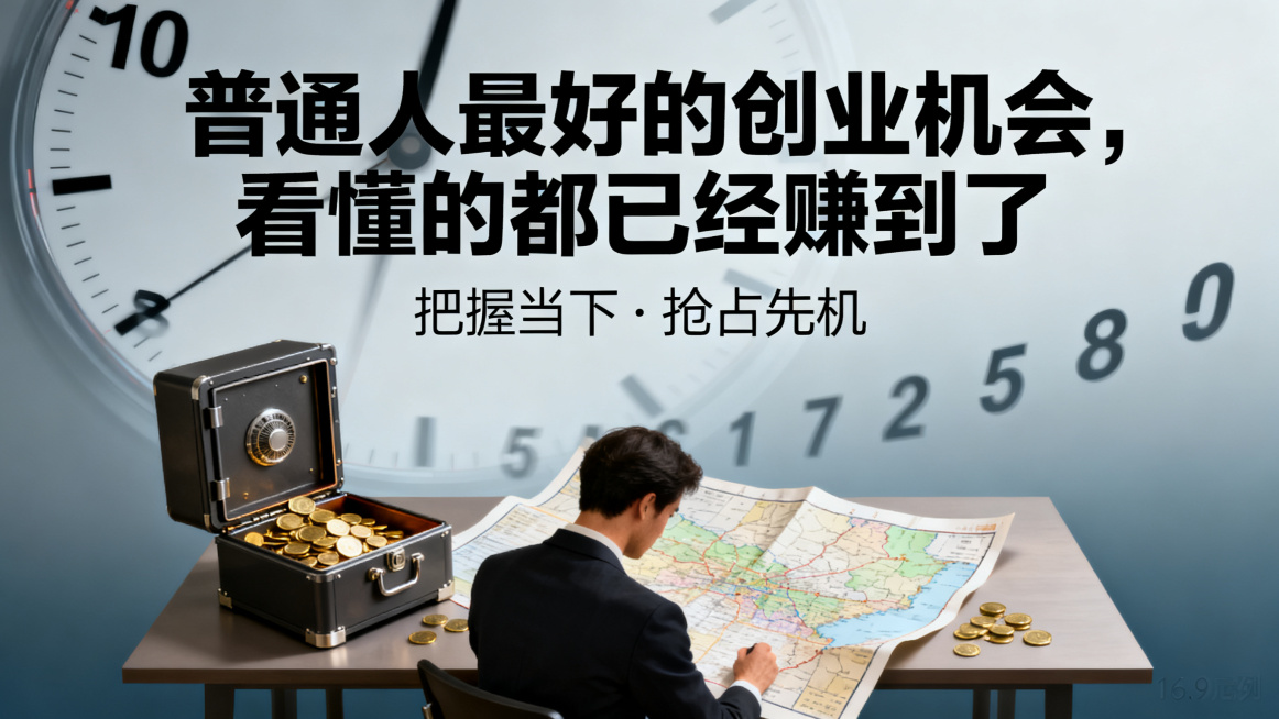 创业主题海报，主标题"普通人最好的创业机会，看懂的都已经赚到了"，主副标题分明，字体使用黑体、宋体、圆体，时钟倒计时背景，搭配一位正在看商机地图的观察者，元素包含打开的保险箱、金币，非纯色背景，尺寸比预览效果
