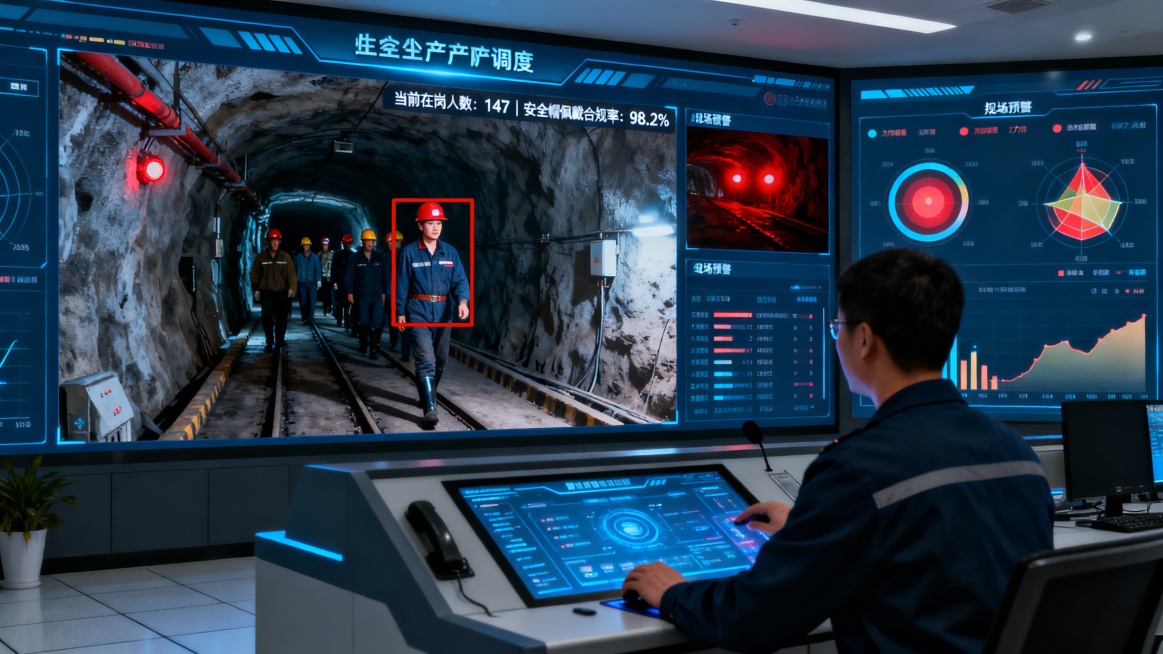 画面呈现现代化煤矿安全生产调度中心内部场景。环境光线以屏幕冷光为主，氛围专注而高效。

中央监控大屏被分割为多个功能区，实时展示井下各关键点的监控画面：

主监控区显示巷道入口画面：多名矿工正通过，其预览效果