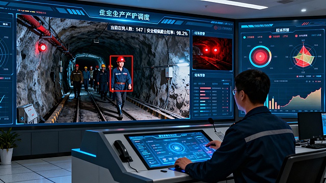 画面呈现现代化煤矿安全生产调度中心内部场景。环境光线以屏幕冷光为主，氛围专注而高效。

中央监控大屏被分割为多个功能区，实时展示井下各关键点的监控画面：

主监控区显示巷道入口画面：多名矿工正通过，其中一人未戴安全帽。该人员被红色动态识别框精准锁定，头部位置标注“未佩戴安全帽”。

算法分析视图以半透明图层展示AI识别过程：安全帽检测算法正对视频流进行实时分析，绿色勾选标记正确佩戴人员，红色警示标记违规人员。

数据统计面板显示实时统计：“当前在岗人数：147 | 安全帽佩戴合规率：98.2%”，下方滚动着本班次违规记录。

现场预警示意窗口展示井下实际场景：摄像头附近的声音报警器正发出声波图示，红色警示灯旋转闪烁。巷道广播图标高亮，象征语音提醒正在播报。

右侧数据分析屏以热力图形式显示全矿井安全帽佩戴合规率分布，重点区域被高亮标注。趋势图展示24小时内违规事件的时间分布规律。

监控台前，值班员正通过触摸屏调阅一处违规事件的详细记录。整体风格写实，科技感仅通过清晰的智能识别框、实时数据可视化与多系统联动界面呈现。画面强调这套监测系统如何作为“全时全域的数字安全督导”，将安全帽佩戴这一基础安全规范，转化为可实时感知、精准预警、数据可溯的智能化管理体系，实现从被动管理到主动防护的转变。