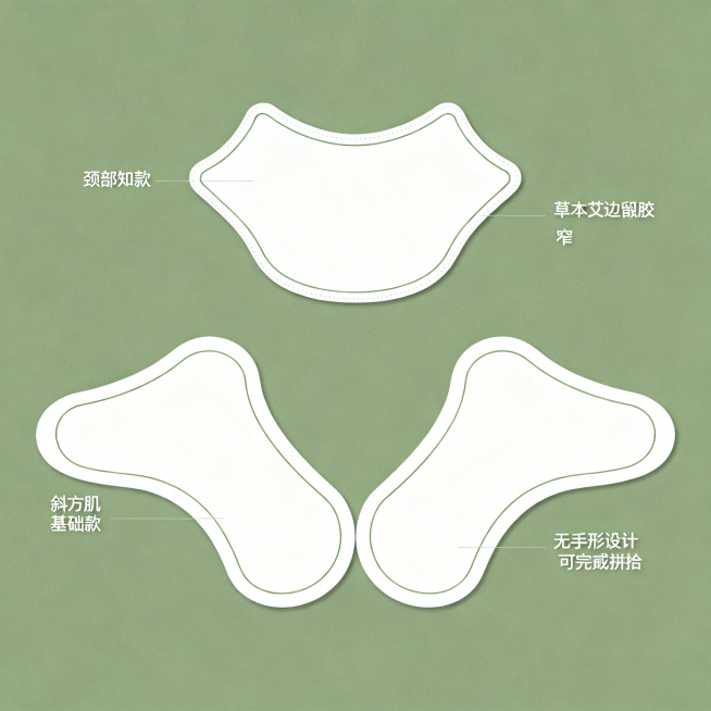 重新设计草本艾草敷贴外形，去掉手形设计：1.颈部款为贴合颈部曲线的自然弧形，发热包边留胶区域窄，避免粘后颈头发；2.斜方肌款分为左右两片，保持流畅自然的敷贴基础形态，不做手形设计；两款同时使用时可完全预览效果