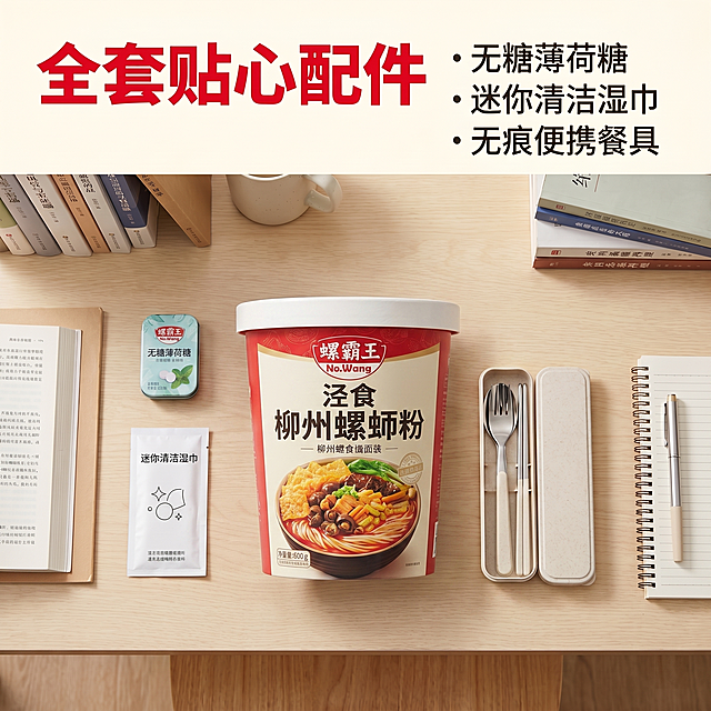 将图中的袋装径食柳州螺蛳粉改为盒装碗装，保持所有其他元素位置不变：无糖薄荷糖、迷你清洁湿巾、无痕便携餐具、书本桌面背景都保留，文字信息保留"全套贴心配件 无糖薄荷糖 迷你清洁湿巾 无痕便携餐具"不变，保持整体风格、光线、色调一致，碗装设计干净简约，保持螺霸王品牌logo和产品名称文字清晰，产品包装颜色和风格统一，杜绝变形和色差。保持1:1构图不变，画面清晰高清