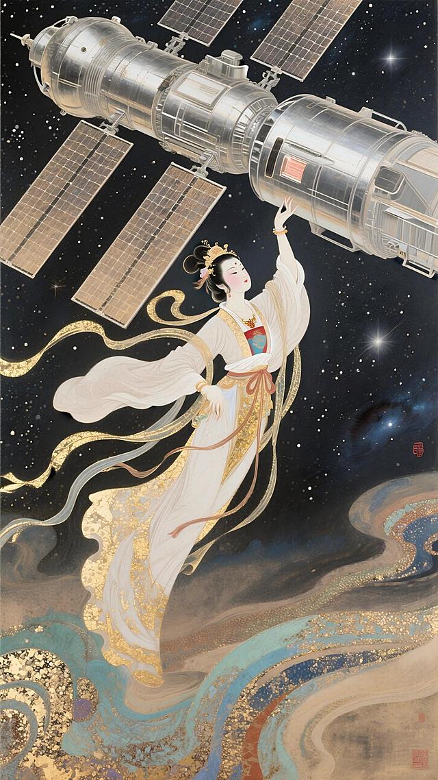 嫦娥仙子腾空抬手，目光所至是一个现代太空空间站，背景是星空