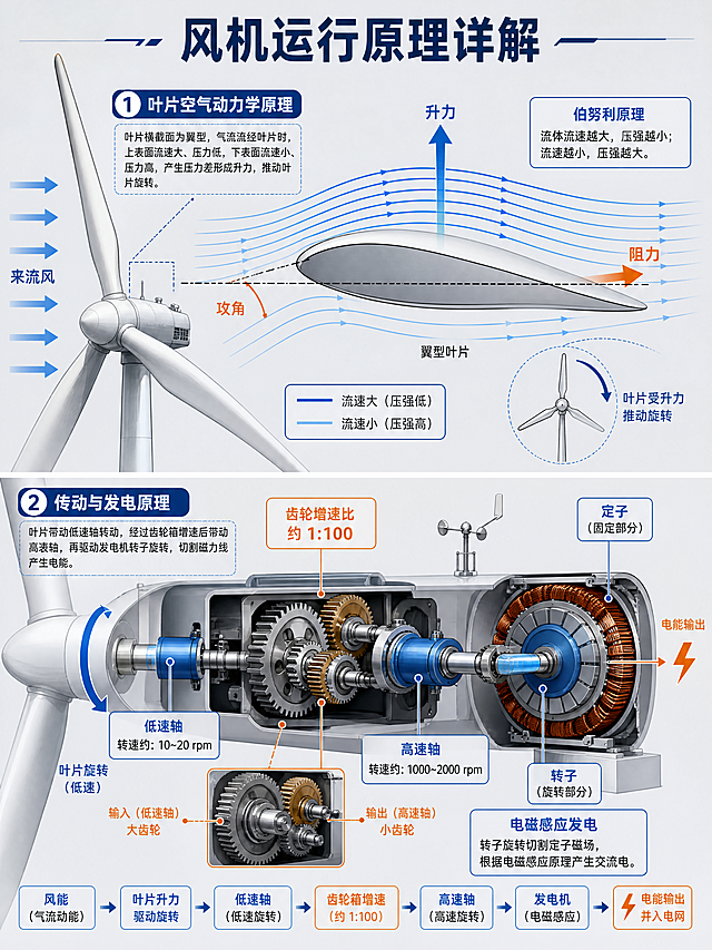 学术科普插图，风力发电机运行原理详解图，3:4竖版构图。画面分为上下两部分：上半部分展示叶片空气动力学原理，用流线箭头表示气流经过翼型叶片产生升力推动旋转，标注"伯努利原理"、"升力"、"阻力"、"攻角"；下半部分展示传动与发电原理，齿轮箱内部齿轮组放大图，发电机定子转子示意图，标注"低速轴"、"高速轴"、"齿轮增速比约1:100"、"定子"、"转子"、"电磁感应发电"。画面上方标题"风机运行原理详解"。科学插画风格，配色以蓝白橙为主，所有文字标注清晰准确，箭头指示明确，学术信息图风格，背景为浅灰色。