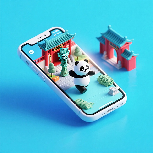 软3D风格的可爱熊猫在手机屏幕中穿梭于中式建筑，融合科技感与趣味感，微缩艺术呈现传统与现代的碰撞。