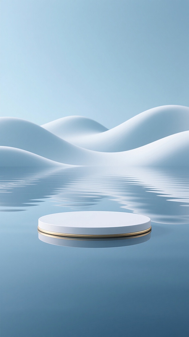 极简风格3D渲染背景，整体采用纯净的浅蓝色调，柔和均匀的漫反射光源，营造出宁静、空灵、科技感的氛围。画面底部是光滑如镜的水面，水面上漂浮着一个圆形的白色展台，展台边缘有一圈精致的金色细边，展台在水面形成清晰对称的倒影，倒影随着水面的轻微波纹产生细腻的横向拉伸纹理。背景中，远处有几组连绵起伏、形态柔和的白色波浪状结构，呈现出渐变的层次感，与前景的展台和水面形成和谐的视觉节奏。整体构图简洁大气，留白充足，光线柔和无明显阴影，具有高度的现代设计感和简约美学。