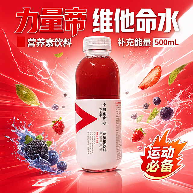电商主图，1:1正方形，适配美团和淘宝闪购平台。画面主体是力量帝维他命水蓝莓树莓味饮料瓶，居中展示，瓶身完整清晰。背景为红白渐变，有能量光效和水果元素点缀，整体氛围活力动感。顶部有醒目大字标题"力量帝 维他命水"，下方有卖点文字"营养素饮料 补充能量 500mL"，右下角有促销标签"运动必备"。整体风格活力动感，饮料电商主图风格，商品主体突出，文字清晰易读。