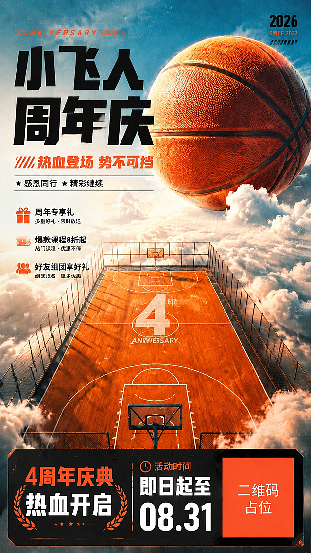 基于这张体育周年庆海报进行重新布局，保持画面上方的巨大篮球和蓝天白云背景不变，保持高空上帝视角篮球场延伸至云海的主视觉不变。将画面下方底部区域的字体整体放大，重新布局底部信息栏：底部黑色信息栏高度增加，"4周年庆典 热血开启"字体放大加粗，"活动时间 即日起至08.31"数字和文字也放大更醒目，右侧二维码占位方块同步放大。整体底部信息栏视觉权重提升，更有冲击力。保持复古颗粒质感、写实风格、高级商业海报质感，保持"小飞人周年庆"主标题、"热血登场 势不可挡"副标题以及左侧三个福利条目内容不变。画面中所有数字必须精确渲染，不得错位、遗漏或编造。画面中所有二维码区域使用纯色方块占位符呈现，方块中央标注"二维码占位"文字。