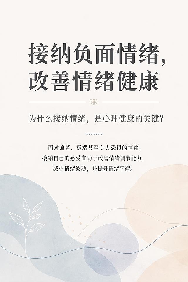 [第1屏] 公众号首图-情绪接纳心理科普头图。
[氛围/风格] 专业高端心理疗愈风，简约沉稳，柔和静谧，专业知识科普质感。
[元素布局] 顶部放置大标题，中部放置引言文案，底部点缀简约淡彩心理相关抽象配图，整体排版疏朗透气，文字占据画面主要位置，配图仅作装饰不抢视觉重心。
[光影质感] 整体柔和均匀光照，无强烈阴影，文字清晰干净，视觉舒适沉静。
[配色色系] 全局底色 #f5f3f0，主色深灰文字，辅助色低饱和莫兰迪蓝，点缀浅米色装饰。
[视角构图] 居中对称竖向排版，从上到下自然阅读动线。
[文字版式] 顶部主标题「接纳负面情绪，改善情绪健康」，加粗深灰色大字号；副标题「为什么接纳情绪，是心理健康的关键？」，中字号浅灰；下方引言文案：「面对痛苦、极端甚至令人恐惧的情绪，接纳自己的感受有助于改善情绪调节能力、减少情绪波动，并提升情绪平衡。」，正文小字号，所有文字清晰不拥挤，不遮挡装饰配图。
[比例分辨率] 宽度1080px，高度1620px，2:3 竖版比例，4K分辨率，文字清晰可辨，高清画质。
[负向提示词] 文字错乱，文字过小，水印，变形，配色刺眼，构图杂乱，低俗元素。