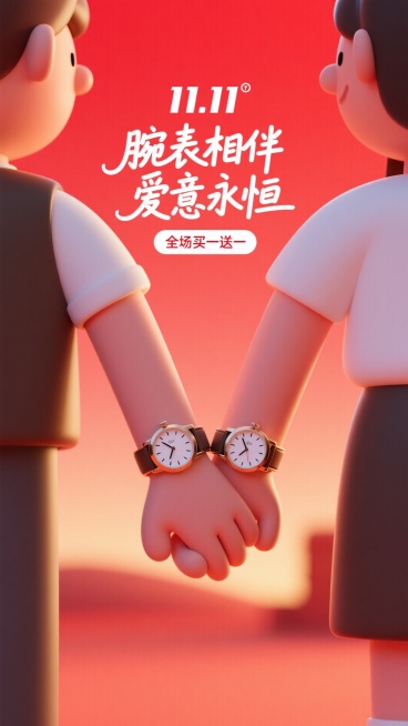 背景是柔和温暖的朱砂红色，如同晚霞。画面采用极简的剪影手法，聚焦于一对情侣的手腕特写，他们正在深情牵手，手腕上佩戴着同系列的对表。手表是画面中唯一有细节和光泽的实体，重点突出。
上面放着小一点的“11预览效果