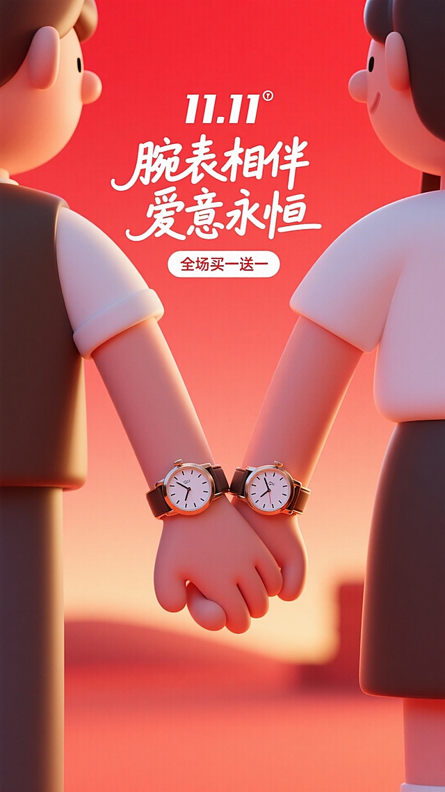 背景是柔和温暖的朱砂红色，如同晚霞。画面采用极简的剪影手法，聚焦于一对情侣的手腕特写，他们正在深情牵手，手腕上佩戴着同系列的对表。手表是画面中唯一有细节和光泽的实体，重点突出。
上面放着小一点的“11.11”logo，大标题“腕表相伴 爱意永恒”采用手写字体或圆润的字体，放置在画面留白处，温柔而直接。副标题“全场买一送一”作为促销信息清晰标注。整个画面情感真挚，不言而喻。
