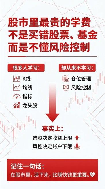 金融知识科普图文，红白配色，简洁大气设计，完整文案内容："股市里最贵的学费
不是买错股票、基金
而是不懂风险控制

很多人学习：
K线
均线
指标
龙头股

却从来不学习：
仓位管理
风险控制

事实预览效果