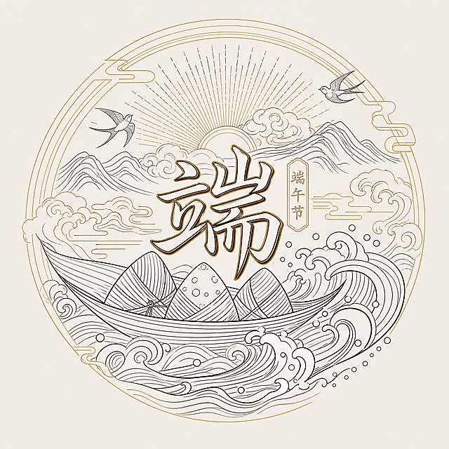 参考原图线条插画风格，圆形构图，20CM*20CM尺寸，端午节主题，主要文案为"端"，搭配粽子海浪国风元素，线条精致，线稿配色，米白加黑金风格