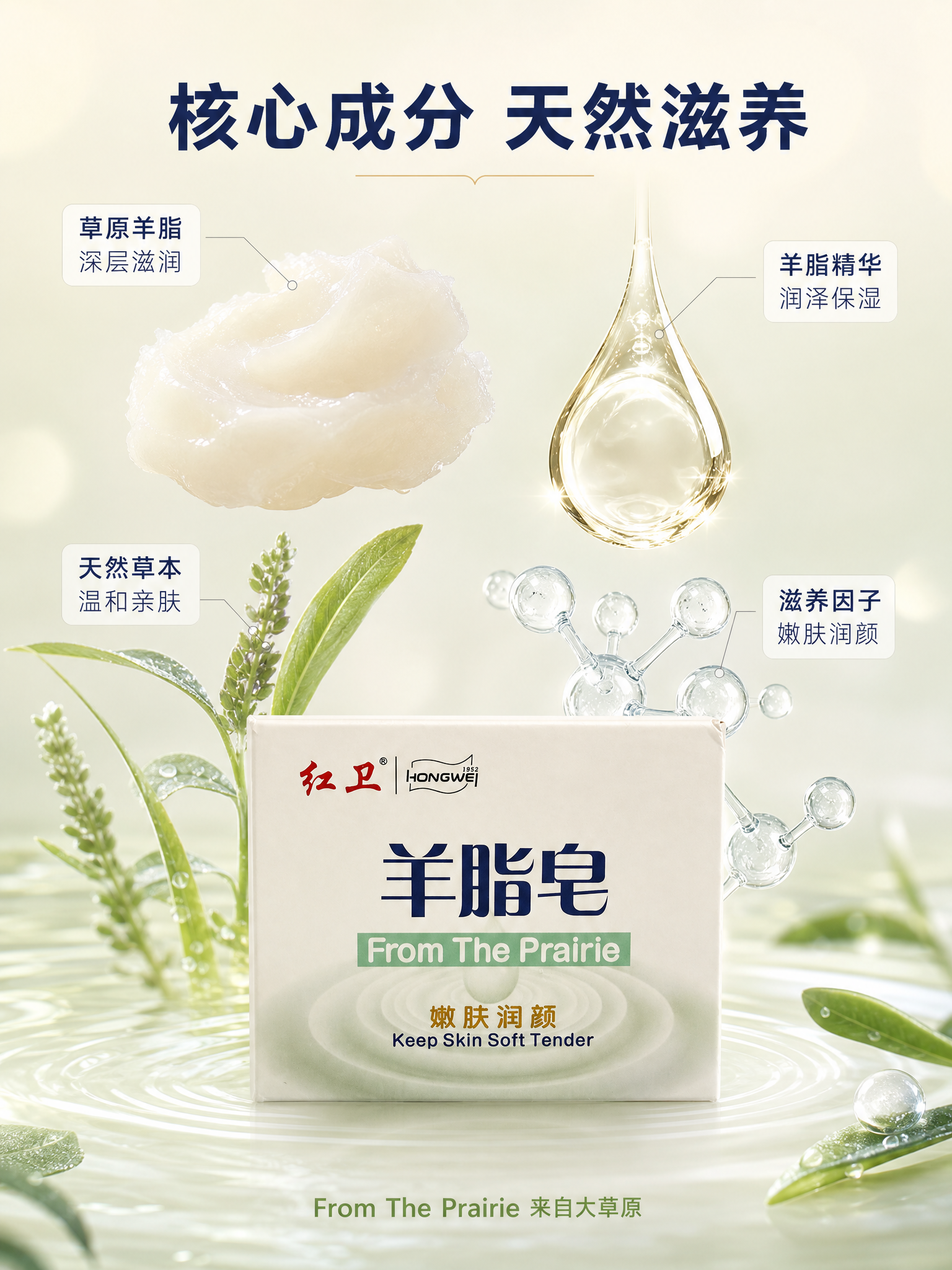 [主图-2] 红卫羊脂皂核心成分解析图，成分环绕风格。 [氛围… - 图片创意预览