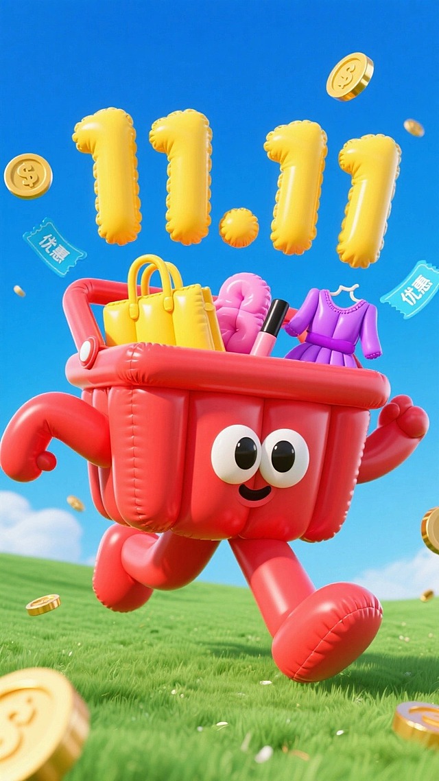 蓝天绿地间，拟人的红色购物篮（大眼睛，篮内有购物袋和美妆、服饰等商品），奔跑的姿势。顶部巨大的黄色立体“11.11”漂浮在天空中，天上掉落金币和优惠券呈现动态感，促销氛围