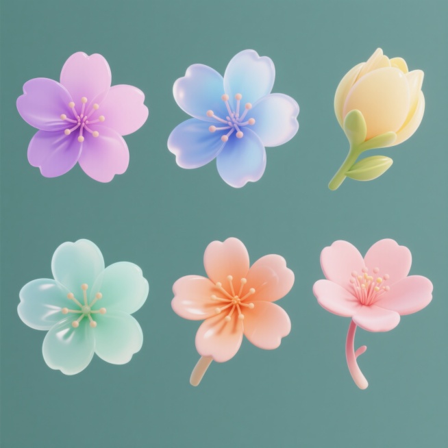 一套6个不同造型的樱花花朵系列素材，每个花朵保持原3D立体效果、半透明渐变花瓣质感、圆润光滑边缘、清晰花蕊细节，花瓣造型分别为：全开舒展型、半开微卷型、含苞待放型、层叠花瓣型、五瓣标准型、垂落飘逸型，花朵色彩分别为：粉紫色、天蓝色、嫩黄色、薄荷绿、珊瑚橙、淡粉色，均采用纯色背景，整体以2x3网格规整排布，保持统一的柔和光影、高光反射和阴影细节，形成协调且富有变化的系列设计感。预览效果
