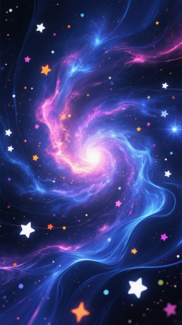 深邃神秘的宇宙背景，以中心明亮耀眼的星云漩涡为视觉焦点，呈现出绚丽的蓝紫色调为主的渐变色彩，融合粉色、橙色和黄色的点缀，周围环绕着流动感十足的深蓝色能量流和飘逸的光带，点缀着大小不一、亮度各异的白色及彩色星星，整体风格梦幻、动感且充满未来感，光影对比强烈，细节丰富，营造出浩瀚宇宙的壮丽与神秘氛围。预览效果