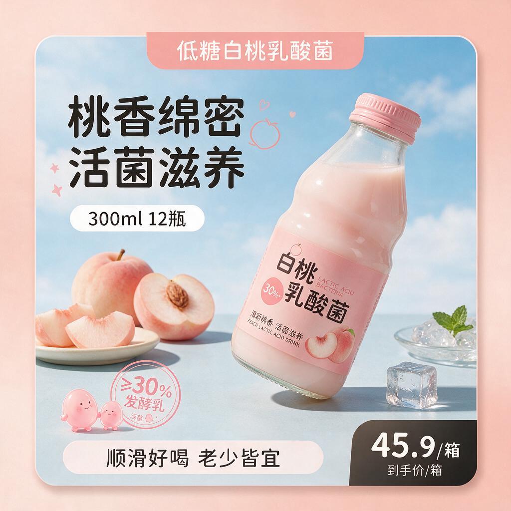 方形电商商业产品海报，白桃乳酸菌快消饮品宣传，整体调性清新明快… - 图片创意预览
