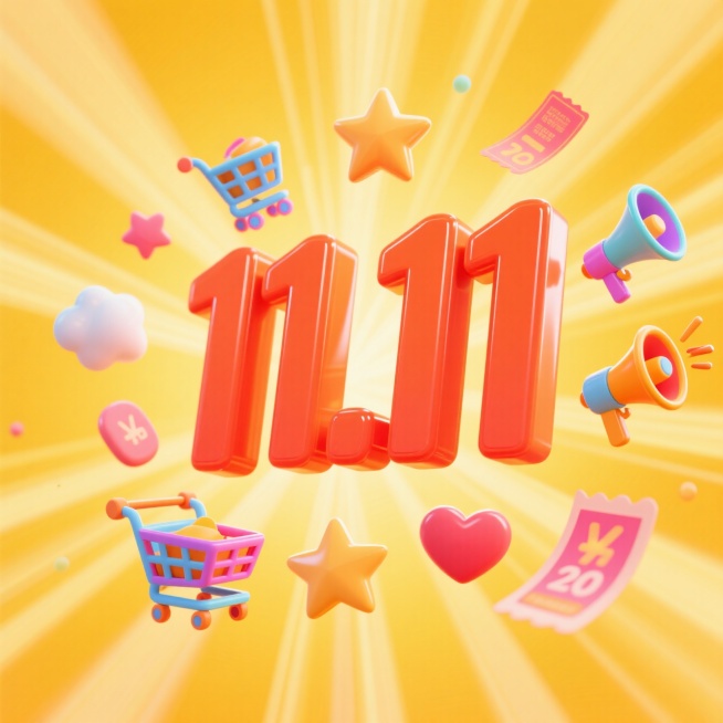 画面视觉中心为大号橙红色立体数字 “11.11”，周围环绕漂浮着彩色促销元素装饰（购物车、星星、喇叭、爱心、优惠券等），背景为渐变黄色并带有放射状光效。预览效果