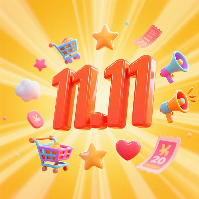 画面视觉中心为大号橙红色立体数字 “11.11”，周围环绕漂浮着彩色促销元素装饰（购物车、星星、喇叭、爱心、优惠券等），背景为渐变黄色并带有放射状光效。