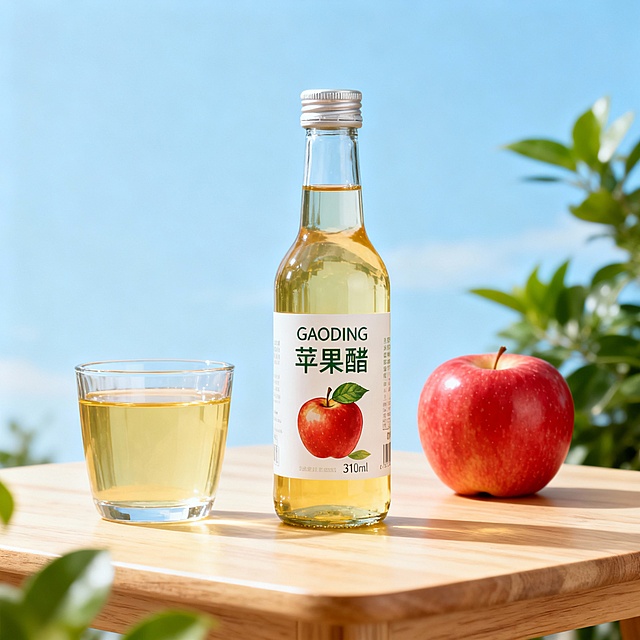 一张清新风格的产品宣传图，主体是一瓶苹果醋饮料，瓶身标签清晰可见logo"GAODING"和 “苹果醋”字样以及带叶子的苹果插图，容量为 310ml。饮料呈淡黄色透明状，放在浅木质的木桌上。左侧有一个装有同款饮品的透明玻璃杯，右侧是新鲜的红苹果；整体背景为纯净的浅蓝色天空，绿色植物，光线明柔和，营造出清爽健康的氛围，画面细节丰富，质感真实