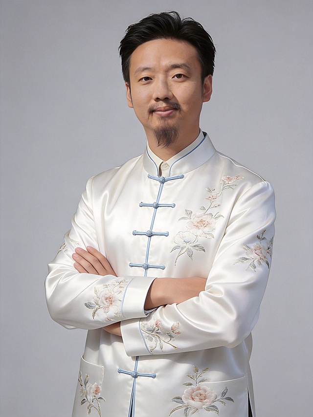 参考图中保留人物脸型、发型、年龄等特征生成职场形象照,标准焦段50mm,f/4光圈(f/2.8-f/4区间),平视视角(镜头与人物视线齐平);人物占画面70%,人物居中(居中构图),位于画面中心,为视觉聚焦点,入境范围头部及以下至臀部下方10cm(半身像);左右留少量背景空间;头部与画面顶部保留5%空间;头部发型完整,头肩比例协调,人物结构准确;发质微微柔顺，微微蓬松。身穿白色真丝缎面中山装，带有国风花卉刺绣、浅蓝色一字盘扣设计，面料呈细腻微微哑光质感;内搭浅色高支精梳棉衬衫;着装正式干练;专业稳重;身形匀称,姿态端正,身体挺拔。呈双手抱胸的自然姿态，肢体放松且自信;简约微微中度灰色纯色背景(呈现均匀柔和质感),背景光线均匀柔和,强化色彩对比的高级感。极简干净;32k画质超高分辨率、细节清晰,现代精致感风格;肤质精细化处理;眼神直视镜头,目光坚定且澄澈,表情自然。嘴角上扬;肌肤白皙透亮,柔光提亮,细腻无瑕,通透高级冷白皮,干净清透肤质,肤色均匀,柔光美白细腻陶瓷肌肤,自然提亮,光影柔和通透水光肌,肤质细腻平滑干净哑光肤质,无油光无暗沉,肤色均匀提亮;杰作,最佳画质,超高细节,写实摄影,中近景人像,面部清晰,五官精致,皮肤细腻通透,白皙清透皮肤,干净肤色,健康肤色,无蜡黄,无暗沉,无黄皮,柔光,正面补光,面部光线均匀明亮,无浓重阴影,冷色调白平衡,画面干净清新,色调明亮,对焦清晰,肤质细腻,高清皮肤细节;面部光比1:1.5,4800K中性光,微微修饰脸型,肤质哑光细腻,面部雾面柔光,轻透裸肌感,真实毛孔纹理;分辨率4k,去除人物之外的所有元素。严格按照图片内容生成。