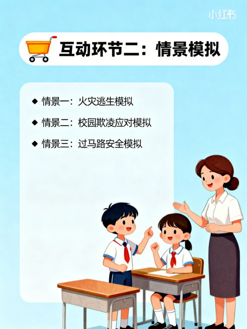小红书3:4竖版宣传图，互动环节二：情景模拟主题，浅蓝色背景。顶部标题"互动环节二：情景模拟"配小推车图标。左侧文字框内容："• 情景一：火灾逃生模拟\n• 情景二：校园欺凌应对模拟\n• 情景三：过预览效果