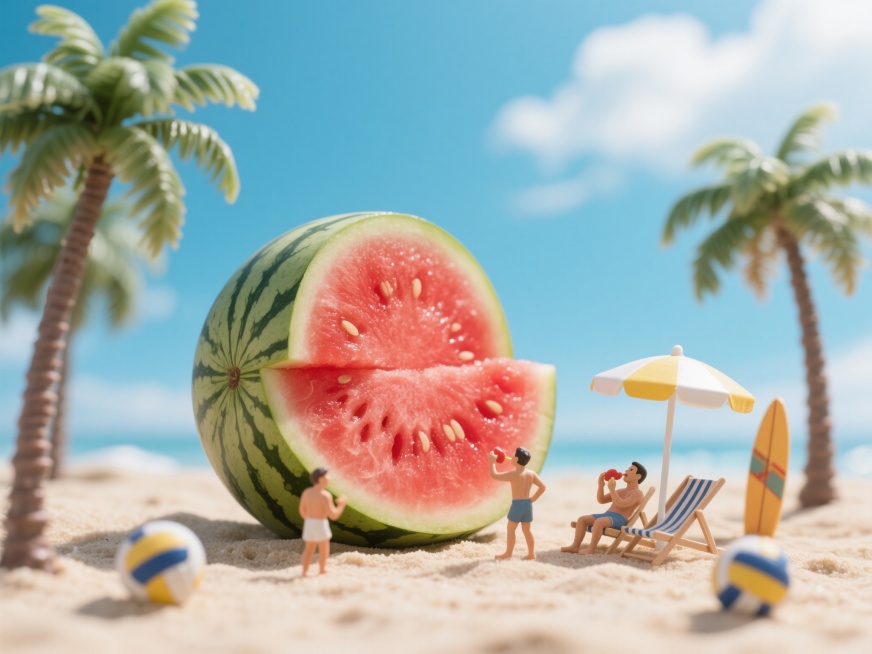 夏日晴天，画面中心是一颗巨大的被切开的无籽薄皮西瓜放在沙滩上，大面积红色的果肉在阳光下闪闪发光，周围有椰树、排球、冲浪板，小人躺在沙滩椅上吃西瓜，旁边有落地遮阳伞，背景是蓝天白云预览效果
