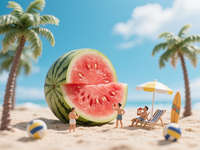 夏日晴天，画面中心是一颗巨大的被切开的无籽薄皮西瓜放在沙滩上，大面积红色的果肉在阳光下闪闪发光，周围有椰树、排球、冲浪板，小人躺在沙滩椅上吃西瓜，旁边有落地遮阳伞，背景是蓝天白云
