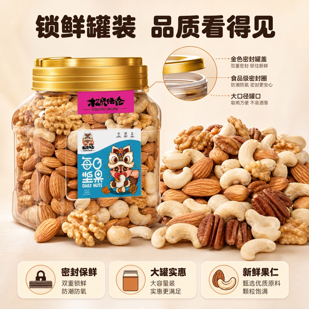 [商品] 使用【图1】松鼠伍伦每日坚果罐装产品；保留金色瓶盖、… - 图片创意预览