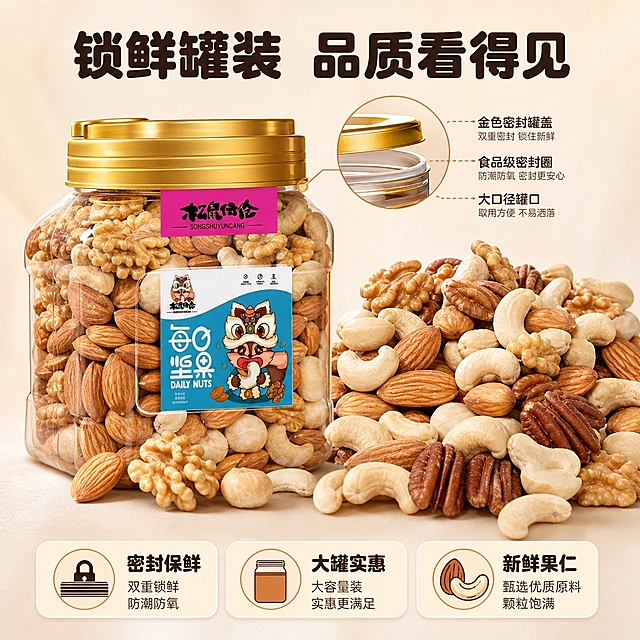 [商品] 使用【图1】松鼠伍伦每日坚果罐装产品；保留金色瓶盖、密封口、罐身标签与品牌Logo；商品处理：增强瓶盖金属质感与密封结构细节，罐身通透清晰。
[画面] 目标：包装与品质展示页，突出罐装密封保鲜、大罐实惠的品质感。构图：左右分栏，左侧50%为罐装产品特写，聚焦金色瓶盖与密封口细节，罐身完整展示标签；右侧50%为倒出的坚果堆特写，展示大颗粒饱满坚果；背景为浅暖白渐变，底部有柔和投影；产品占画面60%，品质感强。
[视觉] 套系策略：风格=温馨治愈食品商业摄影风；标题字=圆润粗黑体；正文字=简洁无衬线体；主色=暖米杏；背景延展=基于暖米杏做深浅渐变、同色系纸张质感与柔光晕染；强调色=暖橙棕，仅用于小面积图标、引线和标签；标题色=深棕褐；正文色=暖棕灰；组件=圆角浅底信息卡、细线引线、坚果小图标；光影=左前侧暖柔光，产品右侧柔和轮廓光。
[文字] 顶部主标题"锁鲜罐装 品质看得见"（9字，深棕褐粗黑体，顶部居中）；画面下方3个圆角信息卡横向排列："密封保鲜"（配瓶盖图标）"大罐实惠"（配罐子图标）"新鲜果仁"（配坚果图标），暖米杏底深棕字；文字不遮挡罐身标签与坚果主体。
[规格] 图片比例1:1正方形，4K分辨率，负向提示：避免变形、错字、文字过小、冷蓝背景、包装文字错乱、金属质感失真。