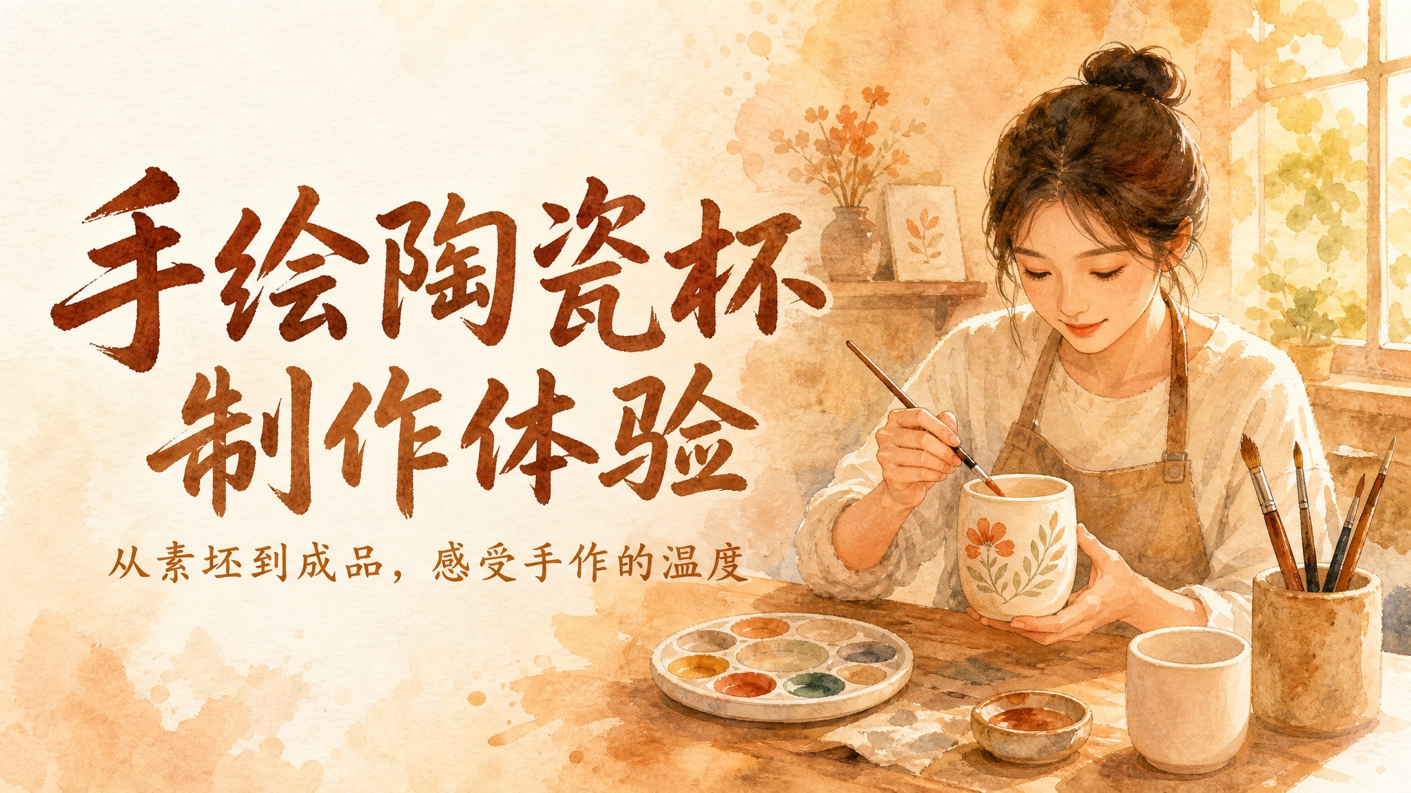 手绘水彩风格PPT首页设计，16:9横版构图，整体是一张完整的… - 图片创意预览