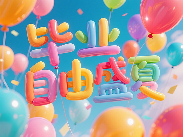 3D风格充气大字设计，色彩斑斓的气球环绕，营造出浓厚的喜庆氛围。