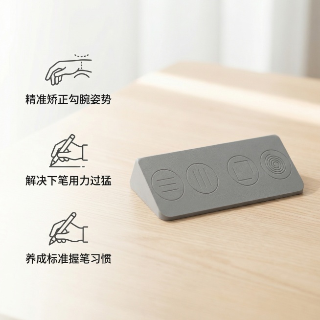 基于原图的儿童勾腕矫正控笔训练器，保持产品外观不变，核心卖点展示：左侧竖直排列三个卖点，每个卖点搭配简约图标，文字分别为"精准矫正勾腕姿势"、"解决下笔用力过猛"、"养成标准握笔习惯"，字体为无衬线体预览效果