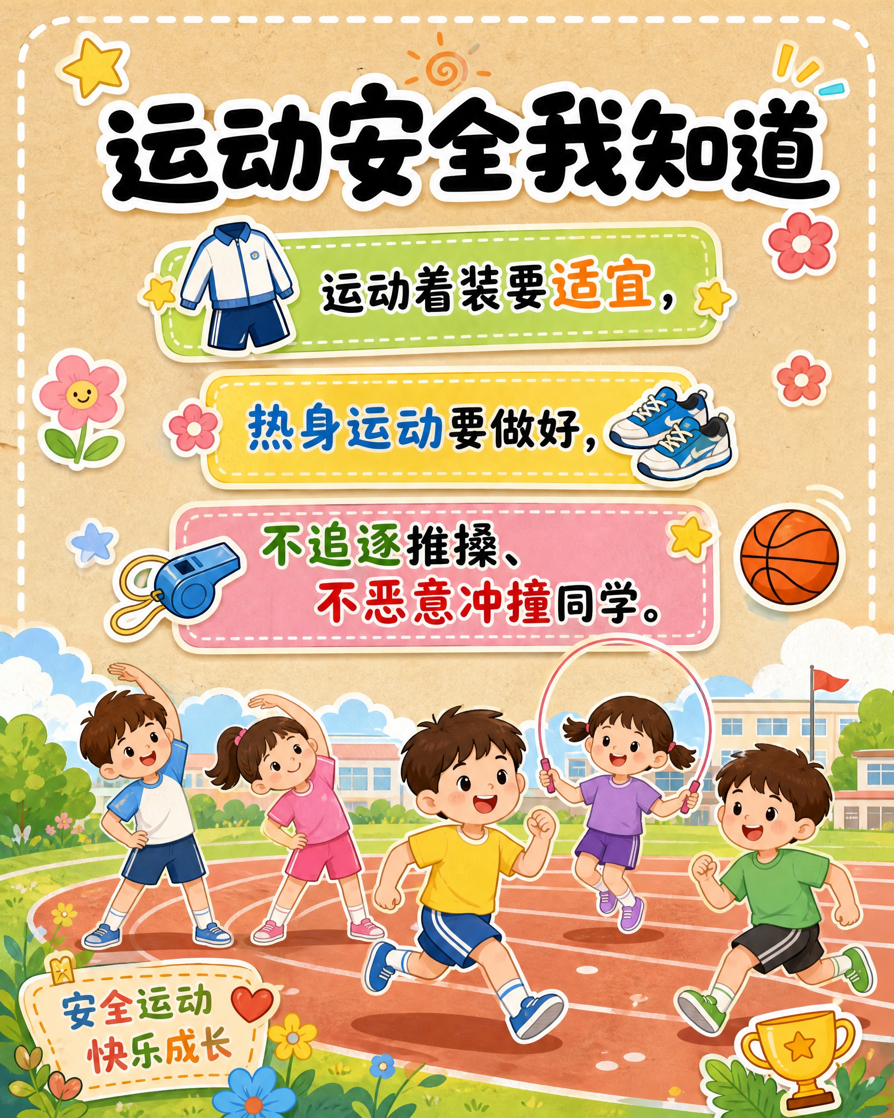 竖版儿童运动安全科普海报，浅米色牛皮纸质感底色，外围白色虚线装… - 图片创意预览