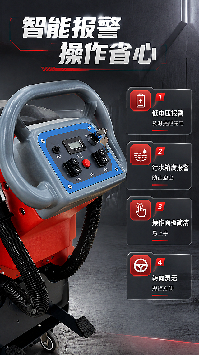 [商品] 使用【图3】自动扶梯清洗机操作侧视图（聚焦操控面板区域）；保留红灰黑配色、方向盘操控面板、显示屏、按钮、钥匙开关等全部外观特征与比例，不改变产品结构。
[画面] 目标：智能报警与人性化设计展示页。构图：左图右文，左侧为产品操控面板特写（中近景），占画面50%，右侧为功能说明区，列出智能报警和人性化设计要点。背景为深灰工业风，有科技感光效点缀。
[视觉] 套系策略：风格=轻工业风商业摄影，硬朗工业质感；标题字=粗黑体，厚重有力；正文字=简洁无衬线黑体；主色=工业红+深灰黑；背景延展=基于深灰做工业金属质感渐变，搭配浅灰水泥地面纹理；强调色=亮红色，仅用于小面积图标、引线、标签和重点数字高亮；标题色=白色/深灰；正文色=浅灰/白色；组件=工业风圆角信息卡、金属质感引线、编号方块；光影=左前侧硬柔光，突出金属质感和产品立体感。
[文字] 顶部主标题：智能报警 操作省心；右侧功能列表：1.低电压报警 及时提醒充电；2.污水箱满报警 防止溢出；3.操作面板简洁 易上手；4.转向灵活 操控方便；每个功能配对应图标。
[规格] 图片比例9:16竖版，4K分辨率，淘宝/天猫详情页风格，避免变形、错字、文字过小、产品颜色改变、结构失真、卡通化。