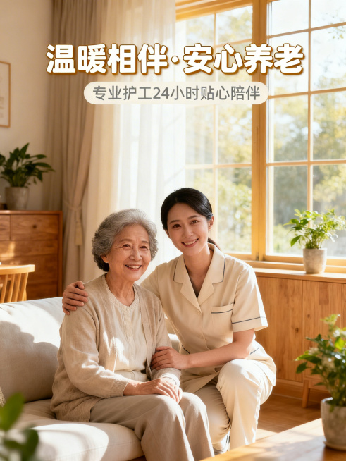 温暖安心的养老护理主题宣传图，温馨居家环境，护工亲切陪伴老人，体现稳定可靠值得信赖的感觉，风格温暖治愈，适合作为小红书图文配图。预览效果