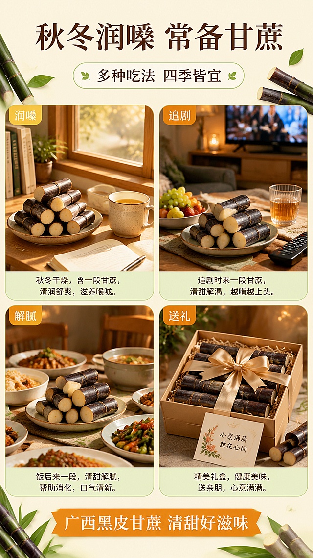 [第6屏] 场景种草屏-秋冬润嗓日常食用场景。本屏使用【图1】作为甘蔗参考，融入多个生活场景。
[氛围/风格] 温馨治愈+生活气息，秋冬暖调场景风，写实摄影质感。
[元素布局] 画面采用2×2四宫格场景拼图，每个场景圆角卡片：左上「秋冬润嗓」- 窗边书桌旁放一盘切好的甘蔗段，旁边一杯热茶，阳光洒入；右上「追剧零食」- 沙发茶几上摆着甘蔗和水果盘，电视遥控器在旁；左下「饭后解腻」- 餐桌上甘蔗段与正餐搭配，温馨家庭氛围；右下「送礼佳品」- 精美礼盒装甘蔗，配丝带和贺卡；每个场景中甘蔗均保持紫黑皮色，切面洁白，与输入图一致；卡片间有绿叶和小甘蔗装饰点缀。
[光影质感] 每个场景独立暖光照明，整体统一暖黄色调，温馨柔和，甘蔗切面有自然高光，场景有生活气息。
[配色色系] 全局底色 #FFF8E7（暖米黄）；主色暖棕标题 #5D4037；辅助色暖橙 #FF9800、浅绿卡面 #E8F5E9；字色深棕+白色。
[视角构图] 四宫格拼图，正面平视，阅读动线顶部标题 → 四宫格场景 → 底部总结语。
[文字版式] 顶部居中大标题「秋冬润嗓 常备甘蔗」，温润宋体；副标题「多种吃法 四季皆宜」，圆角黑体；每个场景卡片左上角有小标签：「润嗓」「追剧」「解腻」「送礼」；底部横条写「广西黑皮甘蔗 清甜好滋味」。
[比例分辨率] 9:16 竖版比例，4K分辨率，文字清晰可辨，高清画质。
[负向提示词] 场景虚假，甘蔗颜色偏差，卡片变形，水印，文字错乱，人物多余，光线不统一。