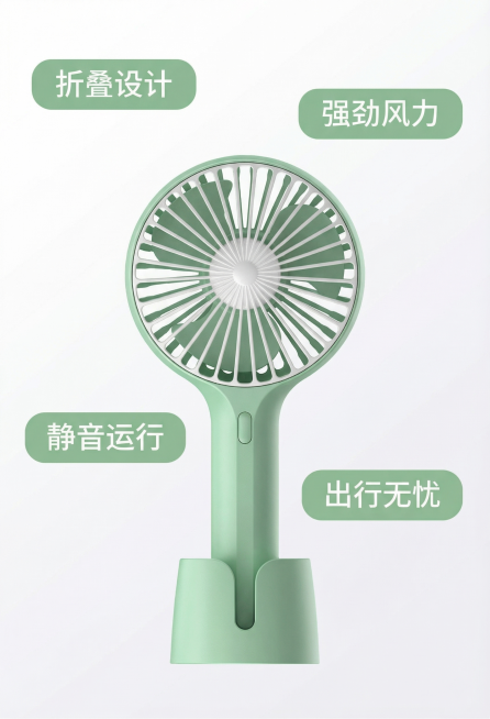 基于原图生成浅绿色手持小风扇核心卖点展示主图，保持产品外观一致，背景为干净浅灰白色渐变，产品居中，周围错落分布四个浅绿底白字圆角胶囊标签，分别标注"折叠设计"、"强劲风力"、"静音运行"、"出行无忧"预览效果