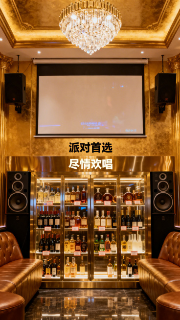 商务KTV豪华包厢，超大屏投影，专业音响设备，酒柜陈列着各类酒水，搭配“派对首选”“尽情欢唱”文字，无公司名称、联系方式、二维码预览效果